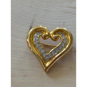 Vintage Gold-Tone Heart Brooch With Clear Rhinestones MPD95